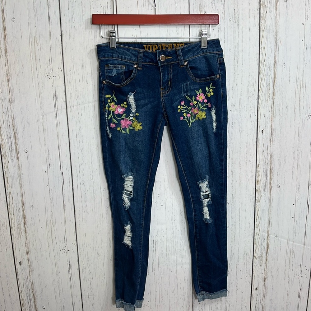 V.I.P. Dark Wash Floral Embroidered Distressed Jeans Size 1/2
